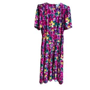 Vintage Ed Michaels Floral Multicolor POCKETS Back Buttons Midi Dress Small